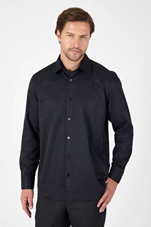 Siyah Uzun Kol Sert Yaka Cepsiz  Comfort Fit Pamuklu Gömlek 1004250914