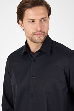 Siyah Uzun Kol Sert Yaka Cepsiz  Comfort Fit Pamuklu Gömlek 1004250914