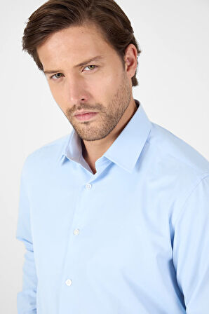 Koyu Mavi Uzun Kol Sert Yaka Cepsiz  Comfort Fit Pamuklu Gömlek 1004250914