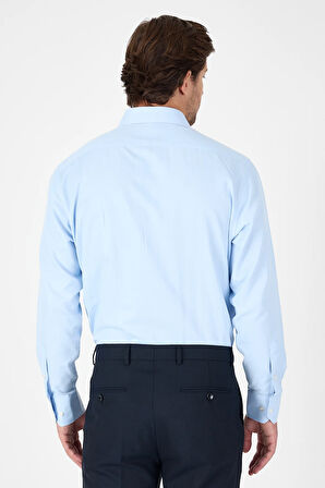 Koyu Mavi Uzun Kol Sert Yaka Cepsiz  Comfort Fit Pamuklu Gömlek 1004250914