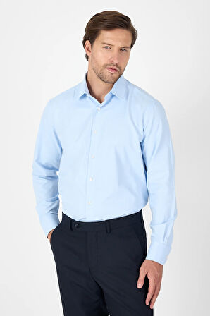 Koyu Mavi Uzun Kol Sert Yaka Cepsiz  Comfort Fit Pamuklu Gömlek 1004250914