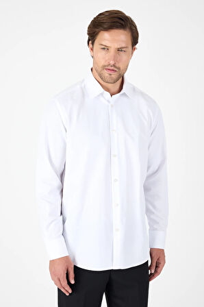 Beyaz Uzun Kol Sert Yaka Cepsiz  Comfort Fit Pamuklu Gömlek 1004250914