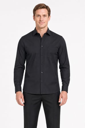 Siyah Sert Yaka Uzun Kol Comfort Fit Pamuklu Gömlek 1004255051