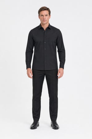 Siyah Sert Yaka Uzun Kol Comfort Fit Pamuklu Gömlek 1004255051
