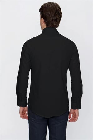Siyah Klasik Yaka Uzun Kol Cepsiz Slim Fit Basic Pamuklu Gömlek 1004255057