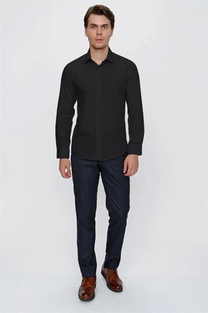 Siyah Klasik Yaka Uzun Kol Cepsiz Slim Fit Basic Pamuklu Gömlek 1004255057