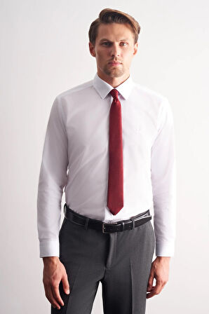 Beyaz Klasik Yaka Uzun Kol Cepsiz Slim Fit Basic Pamuklu Gömlek 1004255057