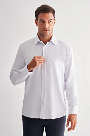 Beyaz Sert Yaka Uzun Kol Cepli Comfort Fit Classic Gömlek 1004255164