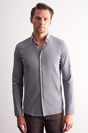 Lacivert - Beyaz Smart Düğmeli Yaka Uzun Kol Cepsiz Slim Fit Casual Gömlek 1004255165