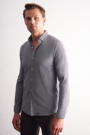 Lacivert - Beyaz Smart Düğmeli Yaka Uzun Kol Cepsiz Slim Fit Casual Gömlek 1004255165