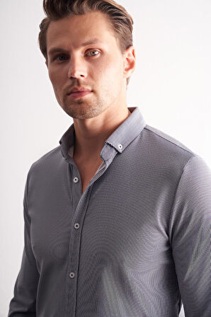 Lacivert - Beyaz Smart Düğmeli Yaka Uzun Kol Cepsiz Slim Fit Casual Gömlek 1004255165