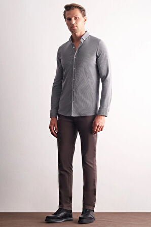 Lacivert - Beyaz Smart Düğmeli Yaka Uzun Kol Cepsiz Slim Fit Casual Gömlek 1004255165