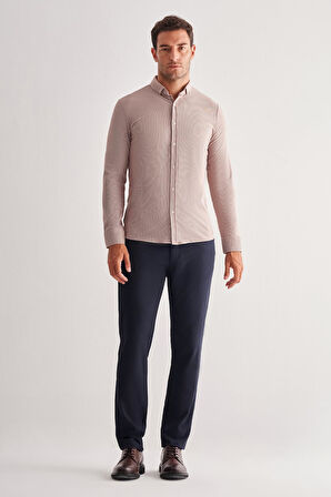Koyu Kahverengi Smart Düğmeli Yaka Uzun Kol Cepsiz Slim Fit Casual Gömlek 1004255165
