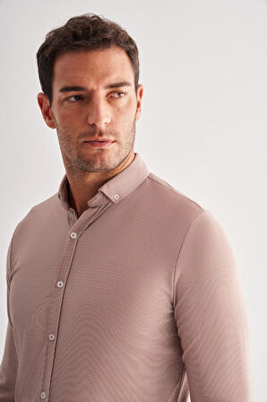 Koyu Kahverengi Smart Düğmeli Yaka Uzun Kol Cepsiz Slim Fit Casual Gömlek 1004255165