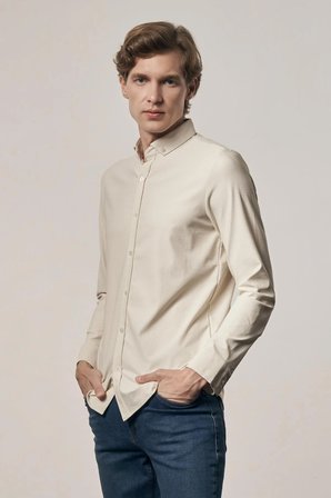 Bej - Beyaz Smart Düğmeli Yaka Uzun Kol Cepsiz Slim Fit Casual Gömlek 1004255165