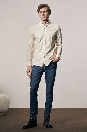 Bej - Beyaz Smart Düğmeli Yaka Uzun Kol Cepsiz Slim Fit Casual Gömlek 1004255165