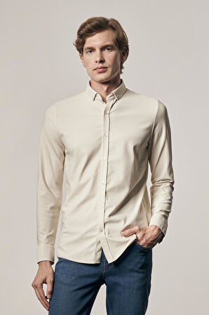 Bej - Beyaz Smart Düğmeli Yaka Uzun Kol Cepsiz Slim Fit Casual Gömlek 1004255165