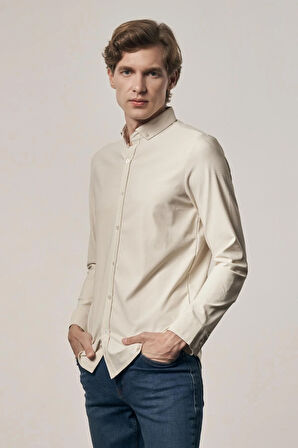 Bej - Beyaz Smart Düğmeli Yaka Uzun Kol Cepsiz Slim Fit Casual Gömlek 1004255165