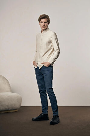 Bej - Beyaz Smart Düğmeli Yaka Uzun Kol Cepsiz Slim Fit Casual Gömlek 1004255165