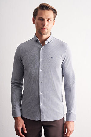 Koyu Lacivert Smart Düğmeli Yaka Uzun Kol Cepsiz Slim Fit Casual Gömlek 1004255166