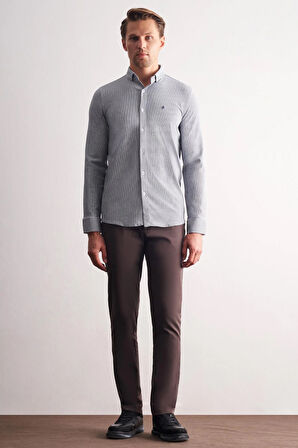 Koyu Lacivert Smart Düğmeli Yaka Uzun Kol Cepsiz Slim Fit Casual Gömlek 1004255166