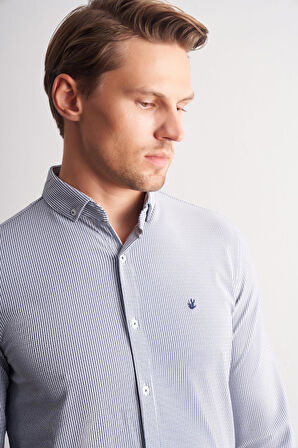 Koyu Lacivert Smart Düğmeli Yaka Uzun Kol Cepsiz Slim Fit Casual Gömlek 1004255166