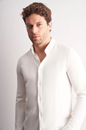 Beyaz Smart Düğmeli Yaka Uzun Kol Cepsiz Slim Fit Casual Gömlek 1004255167