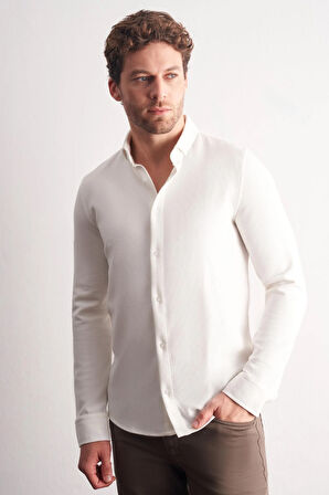 Beyaz Smart Düğmeli Yaka Uzun Kol Cepsiz Slim Fit Casual Gömlek 1004255167
