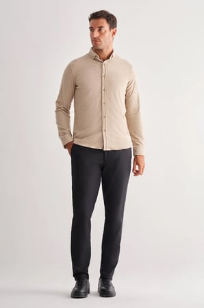 Bej Smart Düğmeli Yaka Uzun Kol Cepsiz Slim Fit Casual Gömlek 1004255168