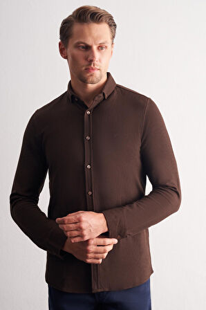 Koyu Kahverengi Smart Düğmeli Yaka Uzun Kol Cepsiz Slim Fit Casual Gömlek 1004255169