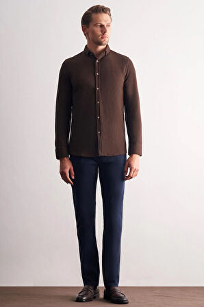 Koyu Kahverengi Smart Düğmeli Yaka Uzun Kol Cepsiz Slim Fit Casual Gömlek 1004255169