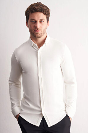 Beyaz Smart Düğmeli Yaka Uzun Kol Cepsiz Slim Fit Casual Gömlek 1004255169