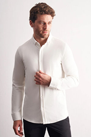 Beyaz Smart Düğmeli Yaka Uzun Kol Cepsiz Slim Fit Casual Gömlek 1004255169