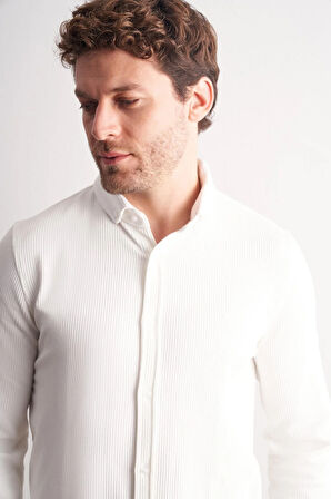 Beyaz Smart Düğmeli Yaka Uzun Kol Cepsiz Slim Fit Casual Gömlek 1004255169