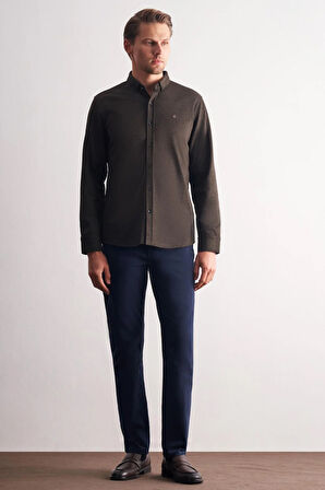 Koyu Kahverengi Smart Düğmeli Yaka Uzun Kol Cepsiz Slim Fit Casual Gömlek 1004255170