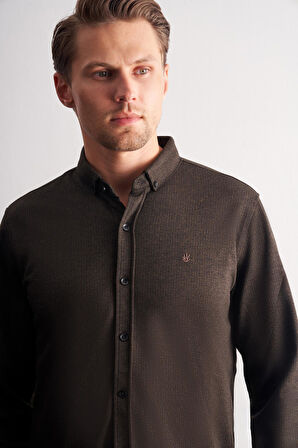 Koyu Kahverengi Smart Düğmeli Yaka Uzun Kol Cepsiz Slim Fit Casual Gömlek 1004255170