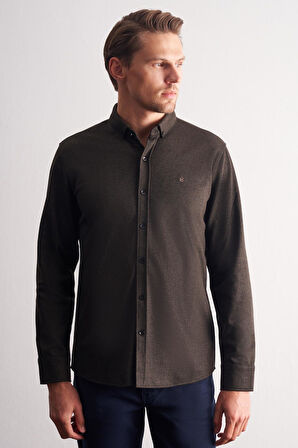 Koyu Kahverengi Smart Düğmeli Yaka Uzun Kol Cepsiz Slim Fit Casual Gömlek 1004255170