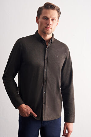 Koyu Kahverengi Smart Düğmeli Yaka Uzun Kol Cepsiz Slim Fit Casual Gömlek 1004255170