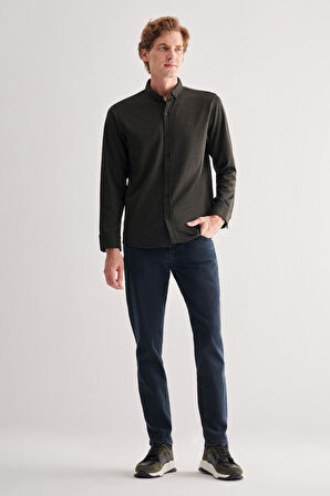 Koyu Haki Smart Düğmeli Yaka Uzun Kol Cepsiz Slim Fit Casual Gömlek 1004255170