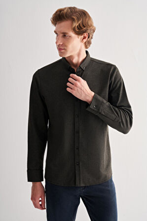 Koyu Haki Smart Düğmeli Yaka Uzun Kol Cepsiz Slim Fit Casual Gömlek 1004255170