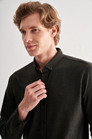 Koyu Haki Smart Düğmeli Yaka Uzun Kol Cepsiz Slim Fit Casual Gömlek 1004255170