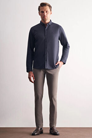 Koyu Lacivert Smart Düğmeli Yaka Uzun Kol Cepsiz Slim Fit Casual Gömlek 1004255171
