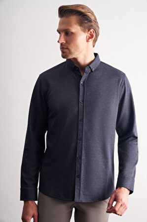 Koyu Lacivert Smart Düğmeli Yaka Uzun Kol Cepsiz Slim Fit Casual Gömlek 1004255171