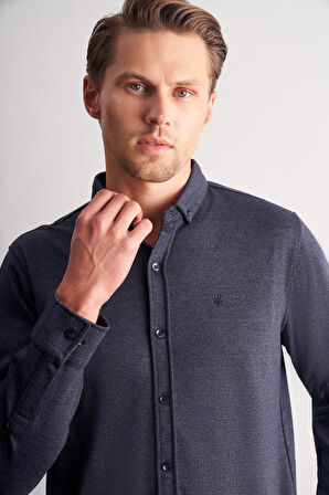 Koyu Lacivert Smart Düğmeli Yaka Uzun Kol Cepsiz Slim Fit Casual Gömlek 1004255171