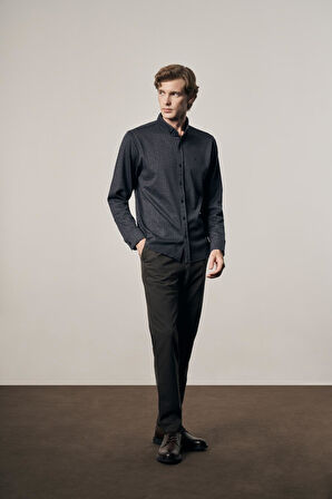 Koyu Lacivert Smart Düğmeli Yaka Uzun Kol Cepsiz Slim Fit Casual Gömlek 1004255172