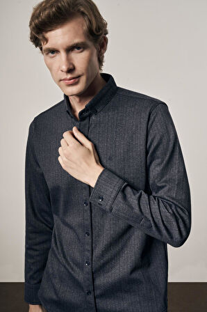 Koyu Lacivert Smart Düğmeli Yaka Uzun Kol Cepsiz Slim Fit Casual Gömlek 1004255172