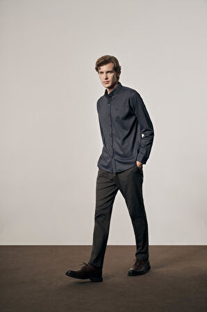 Koyu Lacivert Smart Düğmeli Yaka Uzun Kol Cepsiz Slim Fit Casual Gömlek 1004255172