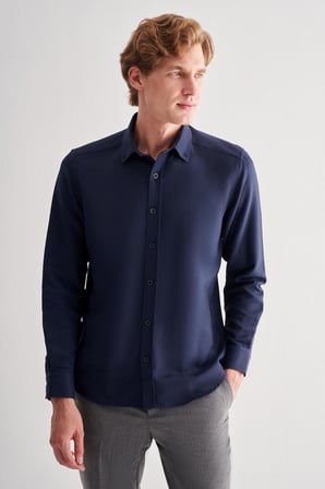 Koyu Lacivert Perfetto Düğmeli Yaka Uzun Kol Cepsiz Slim Fit Cls Gömlek 1004255173