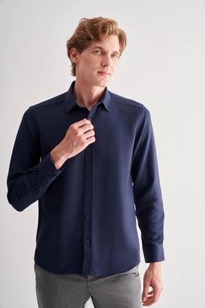 Koyu Lacivert Perfetto Düğmeli Yaka Uzun Kol Cepsiz Slim Fit Cls Gömlek 1004255173