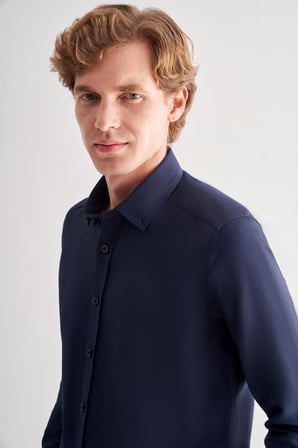 Koyu Lacivert Perfetto Düğmeli Yaka Uzun Kol Cepsiz Slim Fit Cls Gömlek 1004255173